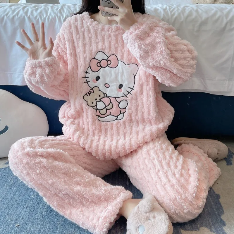 New Cartoon Hello Kitty Pajamas Cute Kawaii Sanrio Plus Velvet Home Winter Warm Tops and Pants Set Two-piece Pajamas Girl Gift