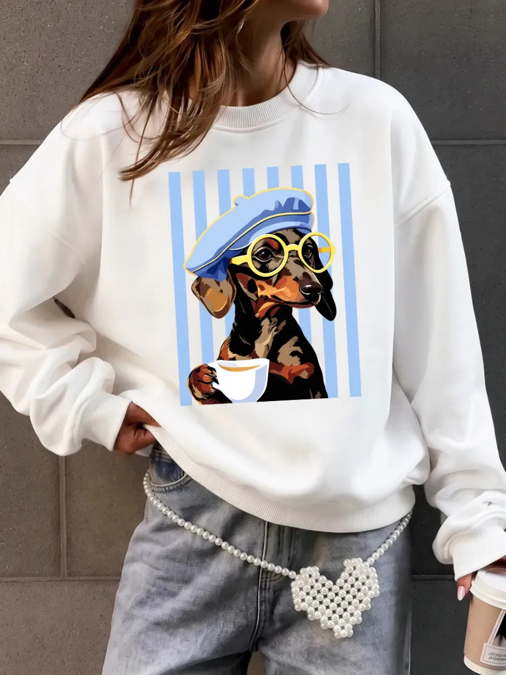Dackel-Illustrationsdrucke, Sweatshirts für Damen, Winter-Fleece, warme Kapuzenpullover, Rundhalsausschnitt, lockere Oberteile, Basics, sportliche Damenbekleidung – Detail 11