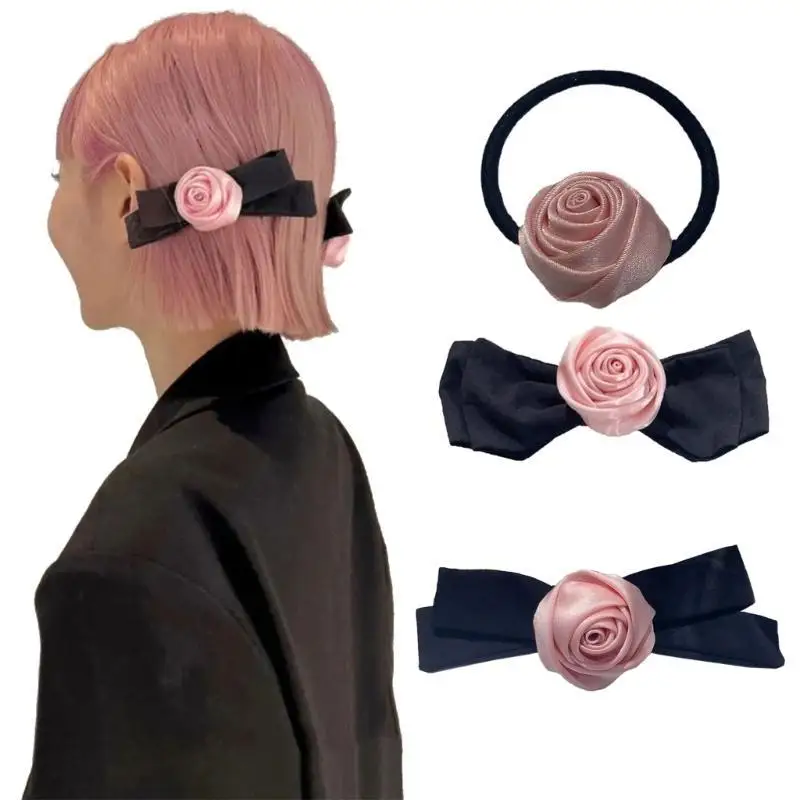 

652F Sweet Girls Hair Clip Hair Rope Rose Flower Stereo Hairpin Elastic Hair Rope for Toddler Hair Styling Supplies