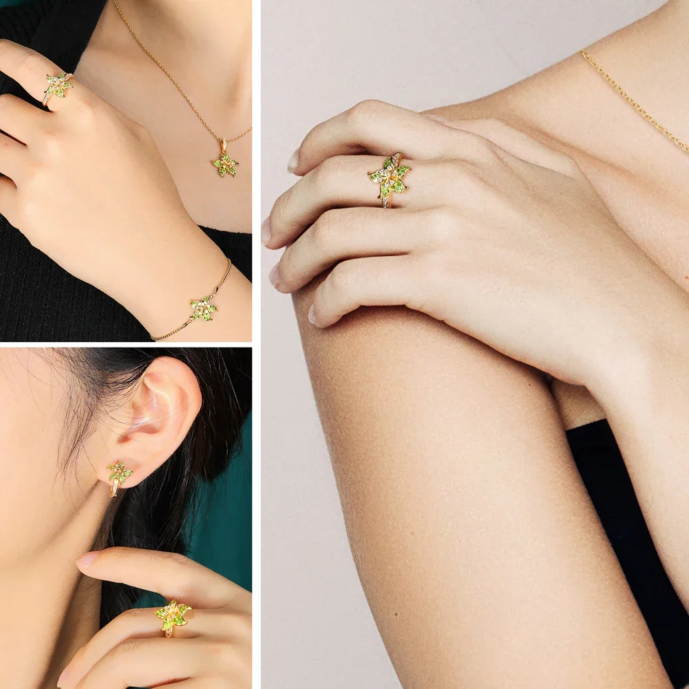 GZ ZONGFA Genuine 925 Sterling Silver Flower Pendant Ring for women Natural Diopside 14K Gold Plated Trendy Fine Jewelry