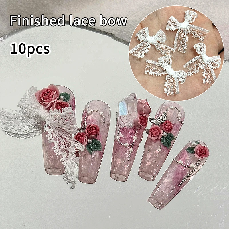 

10pcs Lace Bow Nail Charms Parts Kawaii White Bows Decoration Accessories Nail Art Design Supplies