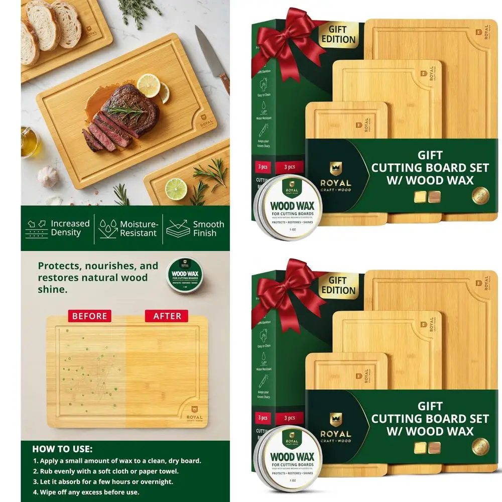 

Набор двусторонних бамбуковых разделочных досок из трех предметов с пазом для сока и ручками — кухонные доски премиум-класса для приготовления пищи — готовые к праздникам