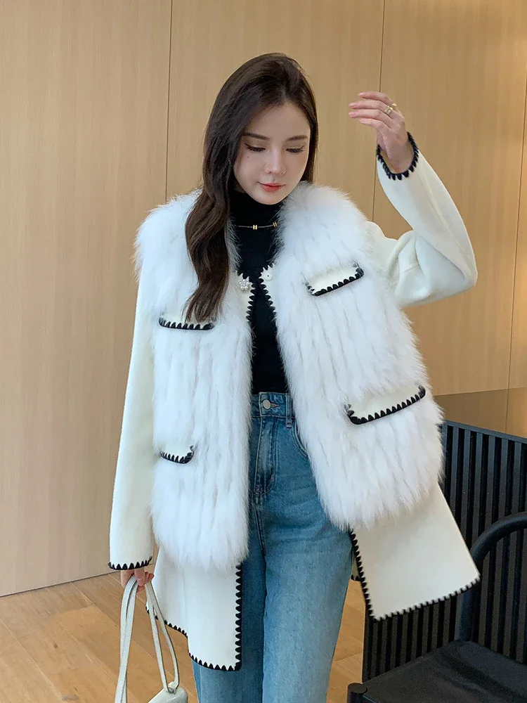 2024 New Real fur,New Classic Style handmade plush real Woolen Coat Double-Faced Woolen real fox fur Coat Pearl SI218