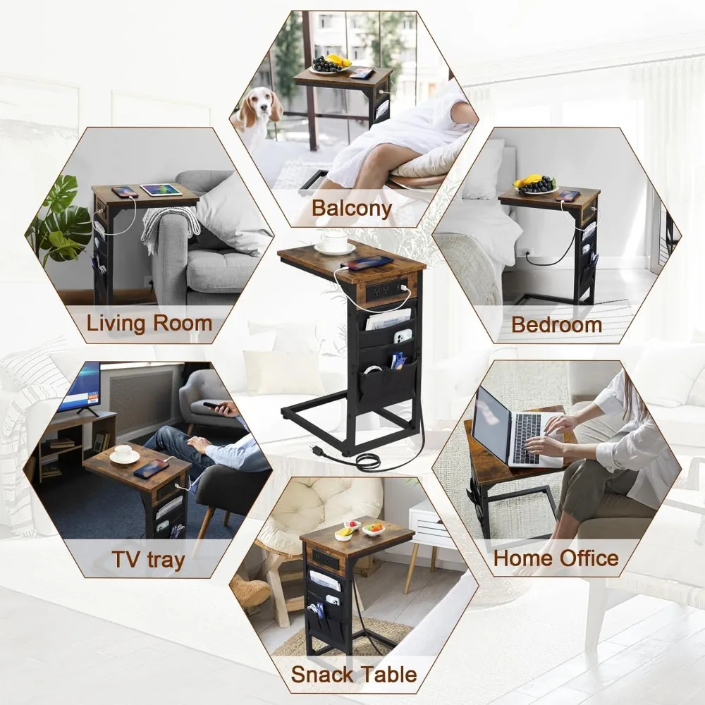 AMHANCIBLE Table d'appoint en forme de C avec station de recharge, plateau TV lot de 2, tables de canapé avec sac de rangement, table coulissante sous le côté du canapé