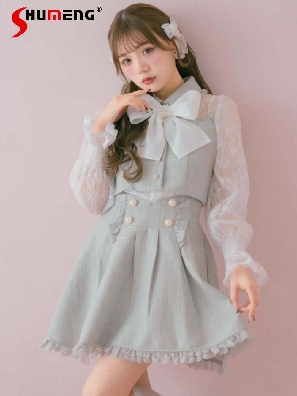 

Japanese Style Lolita Shirt Ladies Clothing 2024 Spring New Flying Sleeve Slim Tweed Fake Two Lace Stitching Shirts for Women