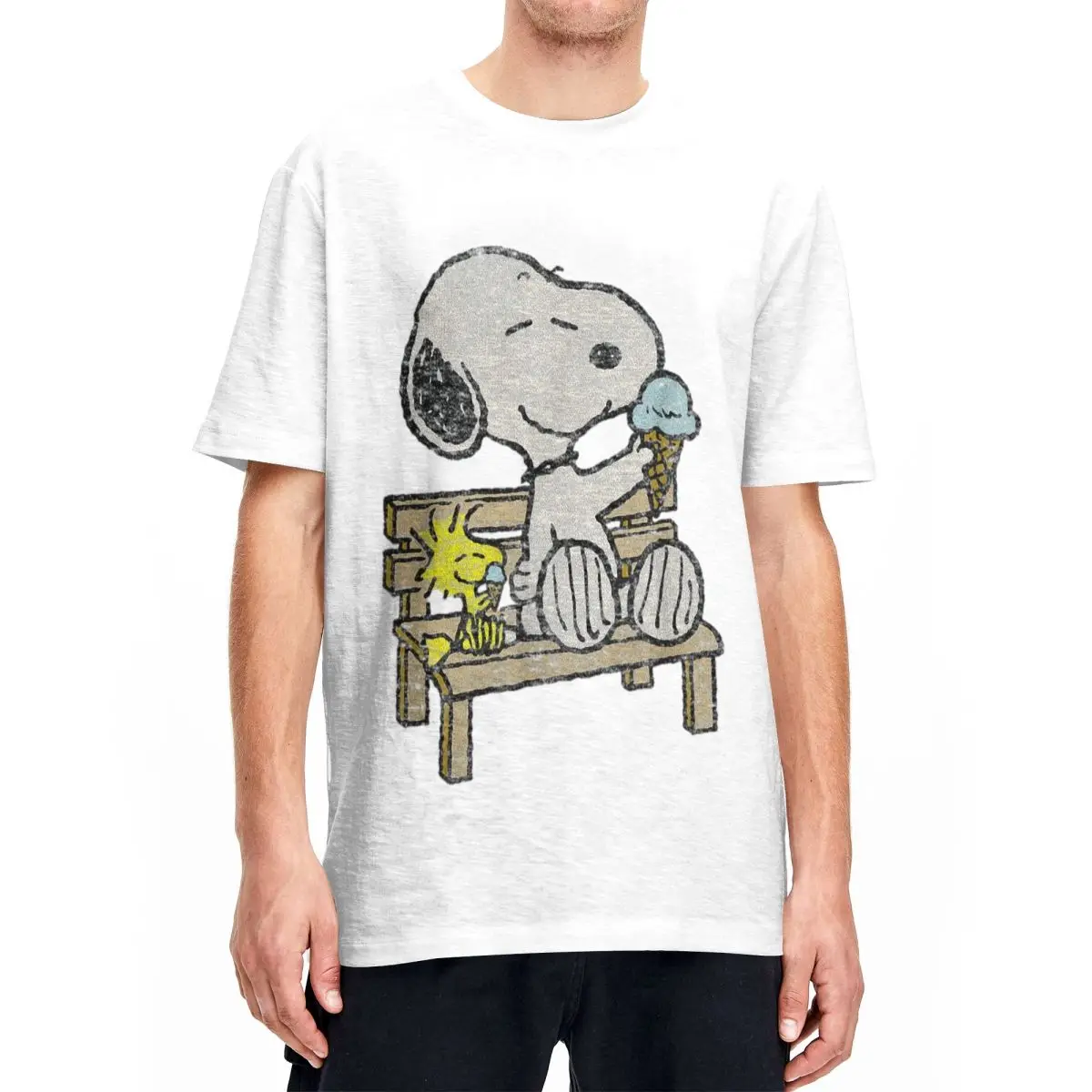 Men Women T-Shirts Peanuts Snoopy Woodstock Bench Novelty 100% Cotton Tee Shirt Short Sleeve T Shirt Crewneck Clothes Plus Size