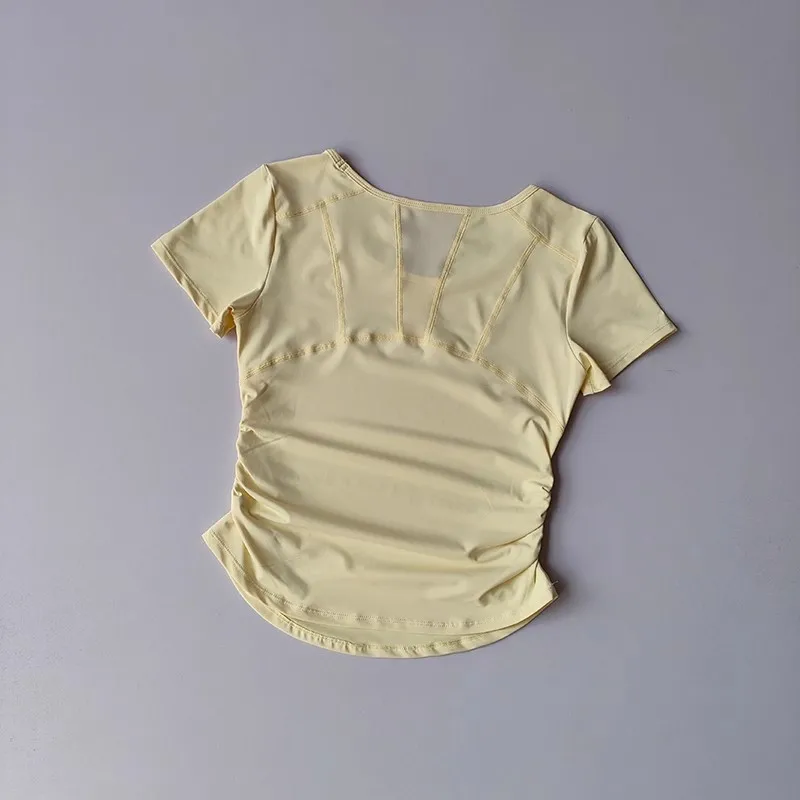 Women's Summer Breathable Mesh Splicing Yoga Sports Top Short Sleeve Pleated Waist Cinching Fitness T-Shirt for Active Wear image 5