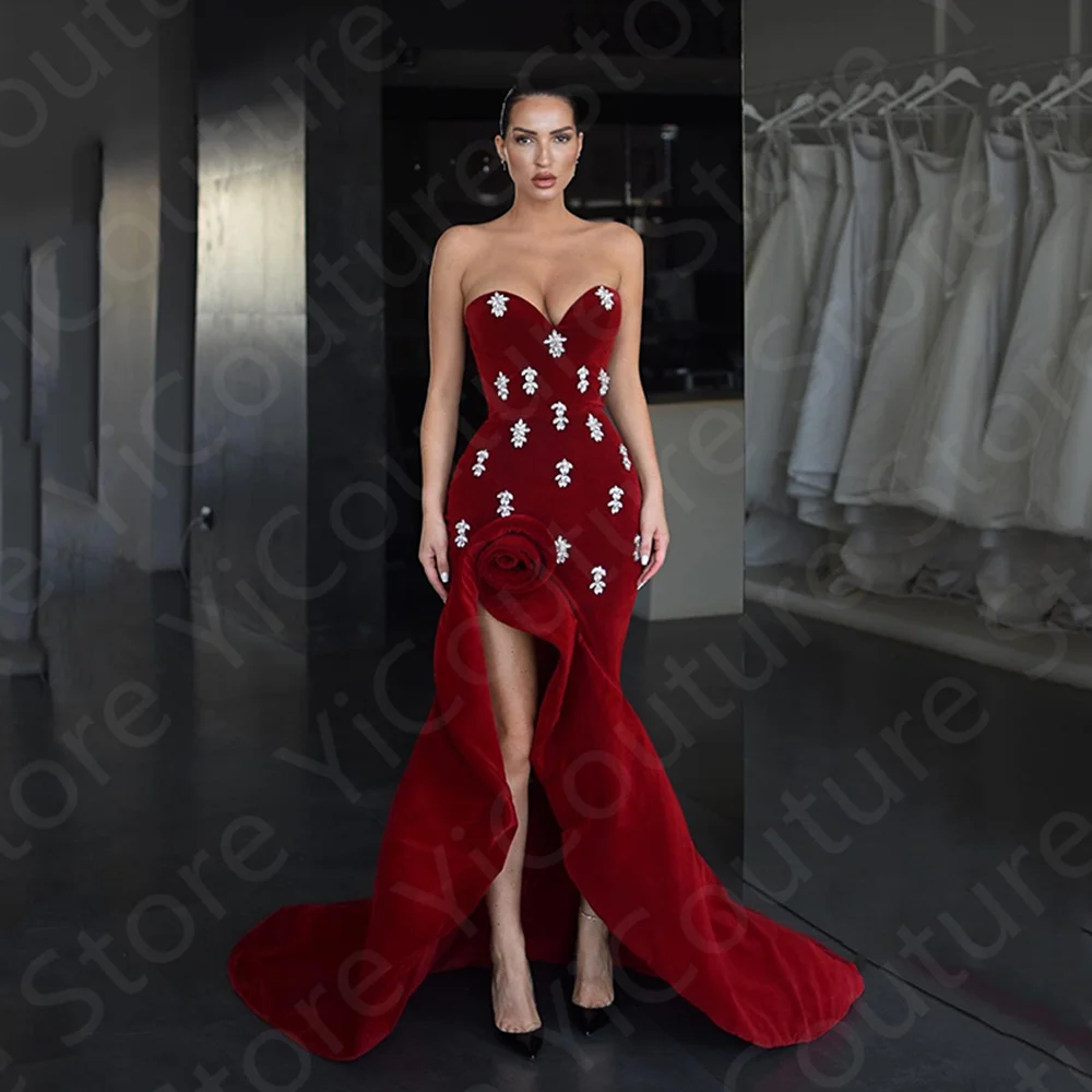 

Elegant Latest Red Prom Gowns Mermaid Velour Evening Dress Side Split Birthday Party Dress Sweetheart Beaded Robe de Soiree 2023