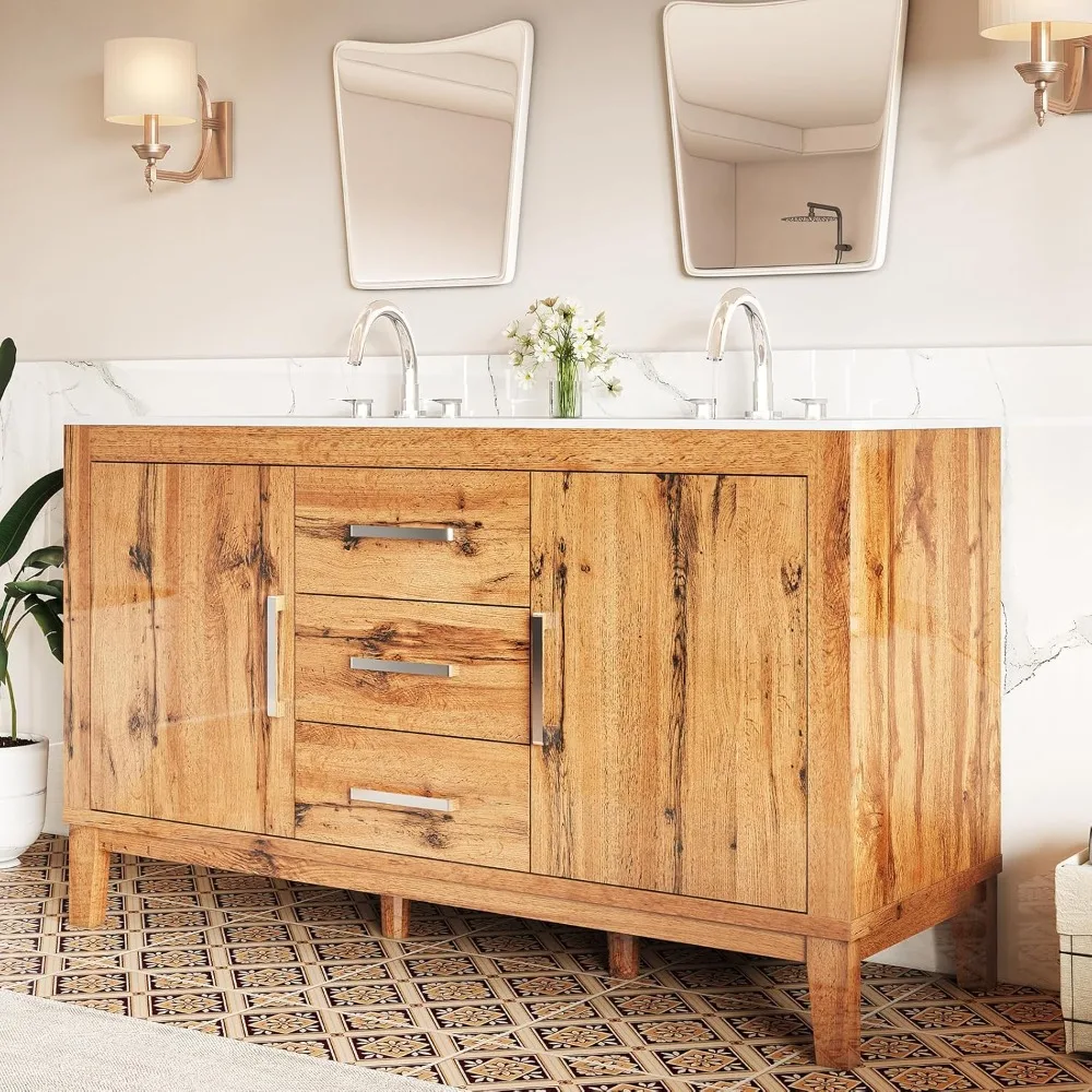 

60" Double Bathroom Vanity with Sink, High Gloss Woodgrain Cabinet with 3 Hole Sink & & Drawers, Vanity with 2 Soft Close Doors