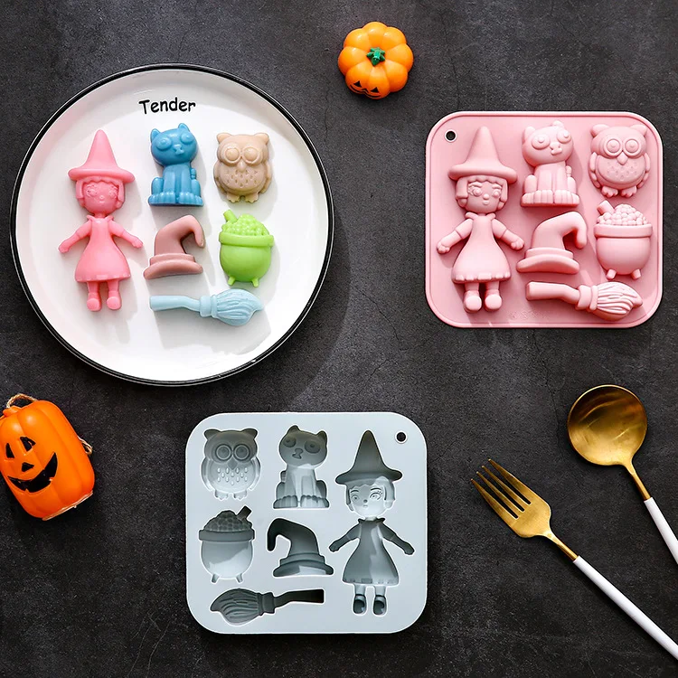 

2 Pack 6-hole Halloween Theme Silicone Molds Witch, Owl, Cat Fondant Candy Chocolate Mould Cake Decoration Accessories