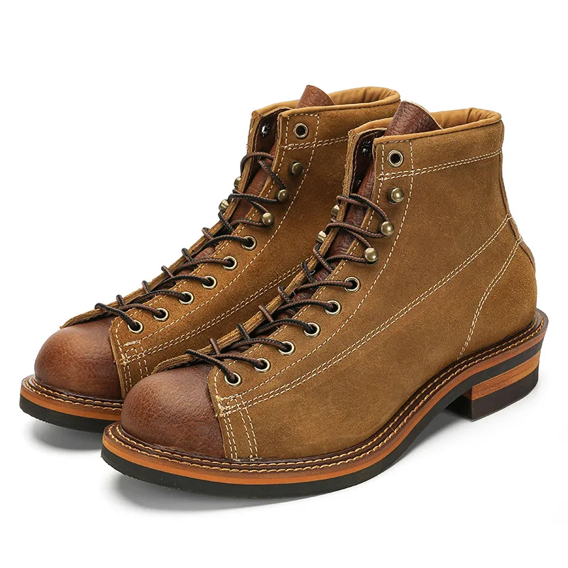 Vintage Men's Genuine Leather Goodyear Motorcycle Boots High-top Brogue Shoes Western Mid-calf Chelsae Boots view 4