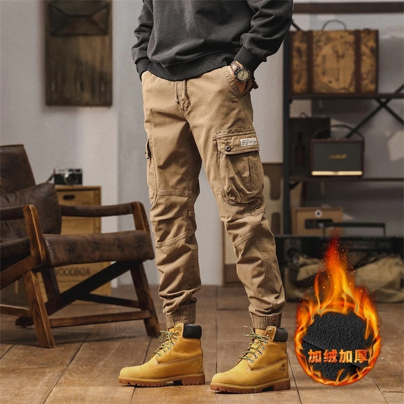 

Men's Retro Solid Color Cotton Work Pants for Autumn Winter Durable Casual Trousers with Multiple Pockets