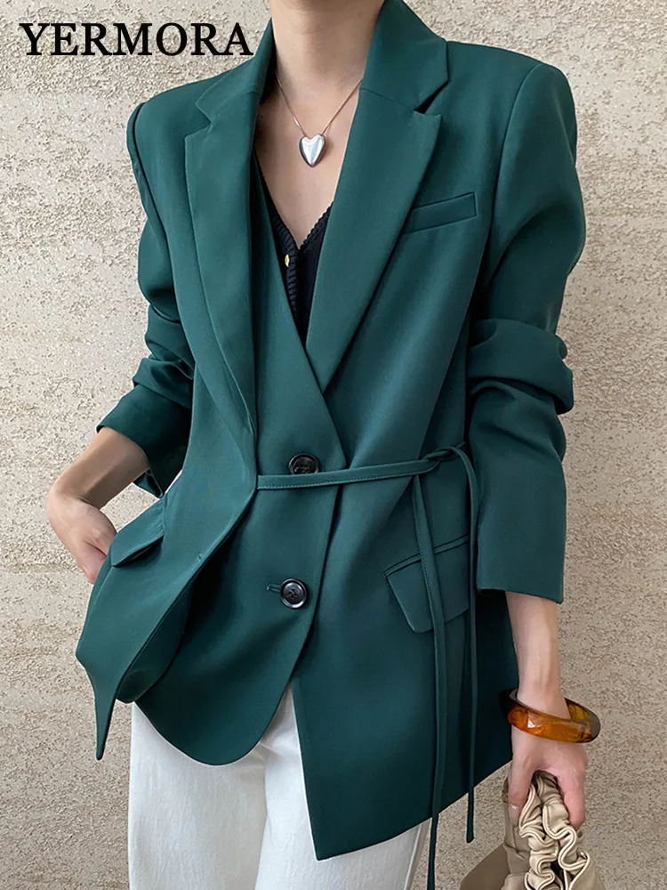 

YERMORA Green Fake Two Pieces Set Blazer For Women Lapel Long Sleeve Loose New Jacket Fashion Tide Spring Autumn 2025 A757
