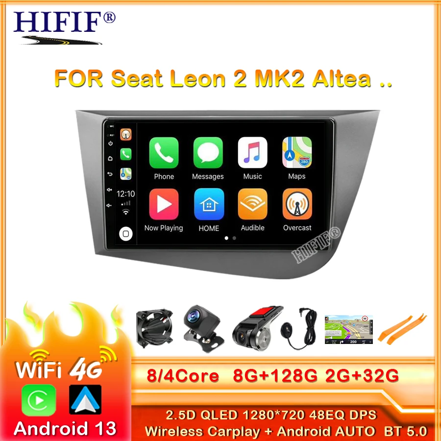 

2Din For Seat Leon 2 MK2 Altea 2005-2012 4G Android 13 Car Stereo Radio Multimedia Video Player Navigation GPS Carplay