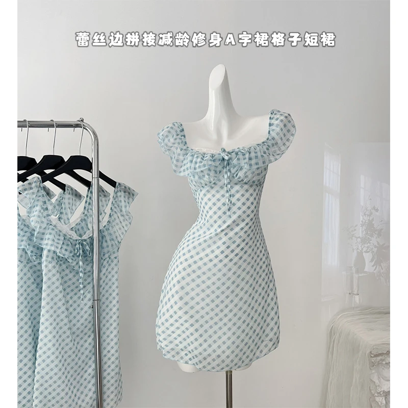 

Women'S A-Line Plaid Dress Vintage Sleeveless Square Collar Mini Dresses Y2k Elegant One Piece Frocks 2000s Clothes Summer 2024