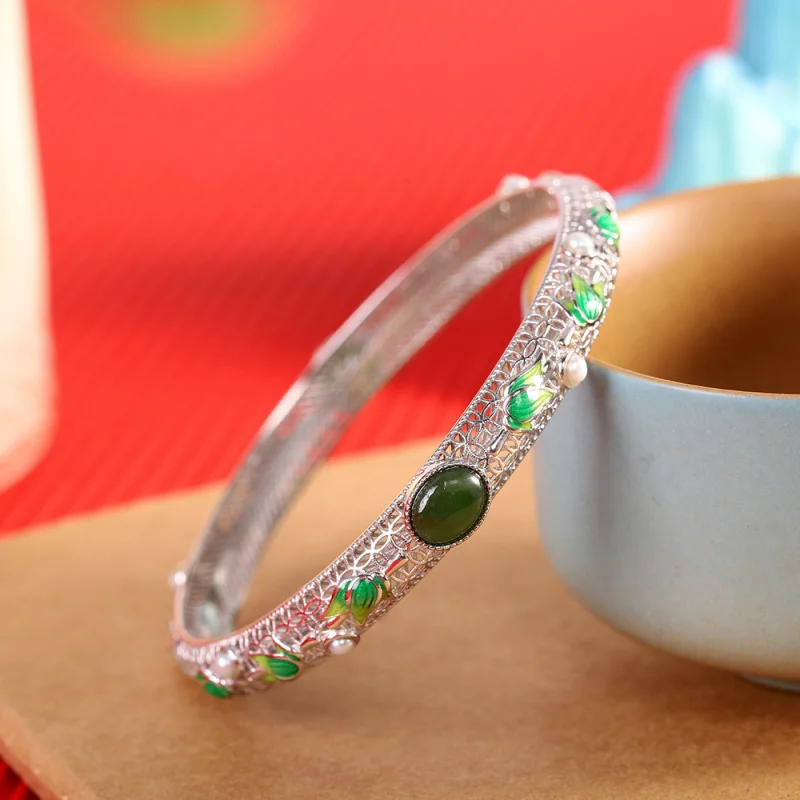 

S925 Silver Burnt Blue Hetian Jasper Hollow Women'S Bracelet