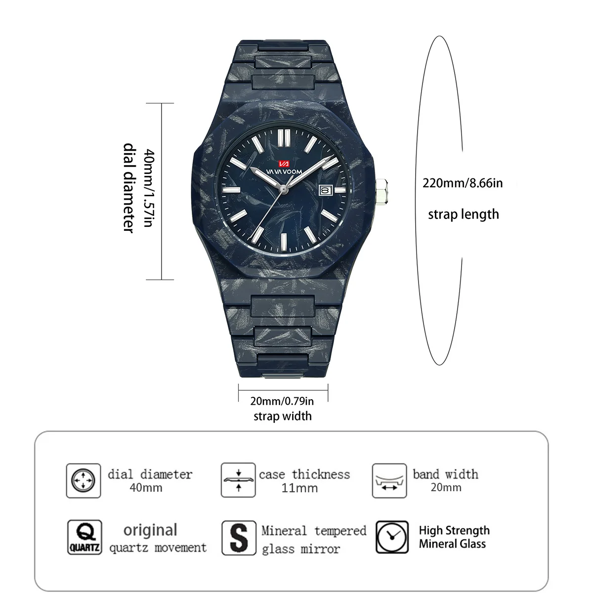 VA VA VOOM ساعات رجالية حركة كوارتز 40 مللي متر نمط الأعمال الرخام الأسود ساعة التقويم 3Bar مقاوم للماء ساعة رياضية عسكرية الرجال