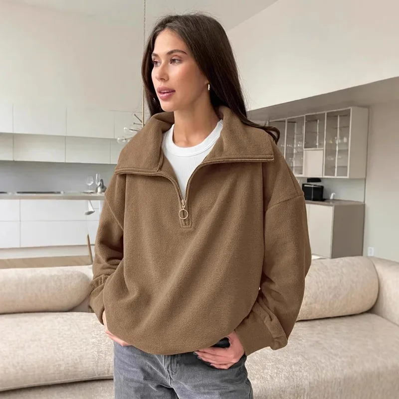 2025 autumn/winter lazy style knitted lamb cashmere beige loose casual hoodie cross-border versatile lapel sports women's top