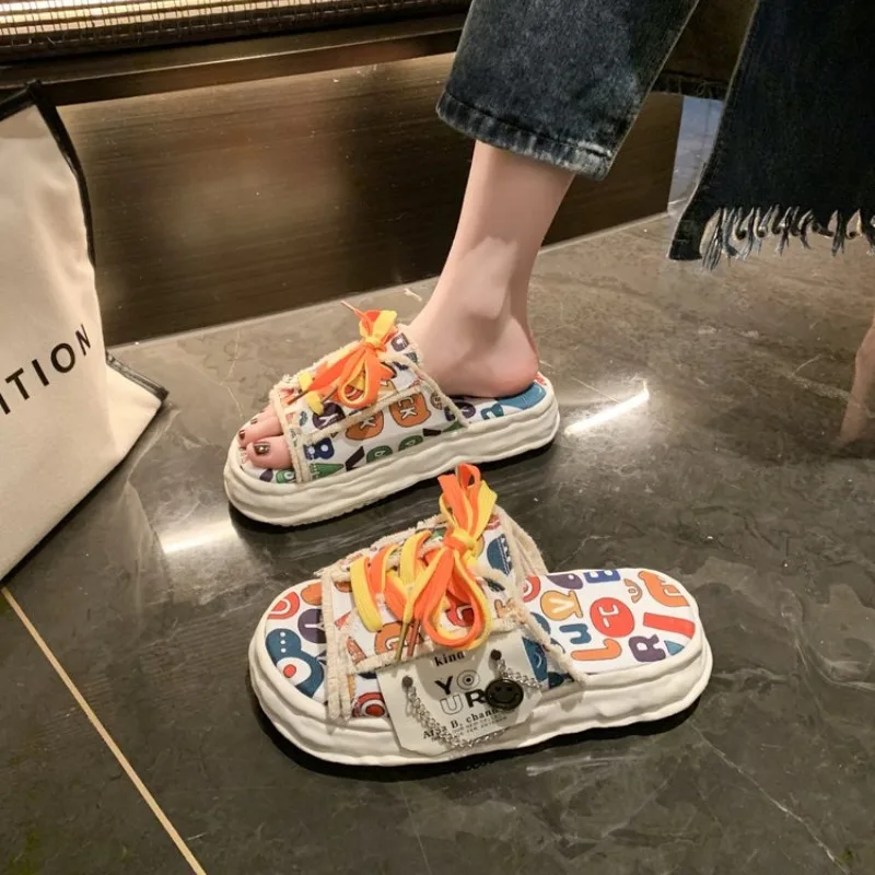 Women Fashion Platform Slippers Summer Cute Cartoon Graffiti Canvas Sandals Outdoor Comfortable Light Casual Flats Plus Size 42