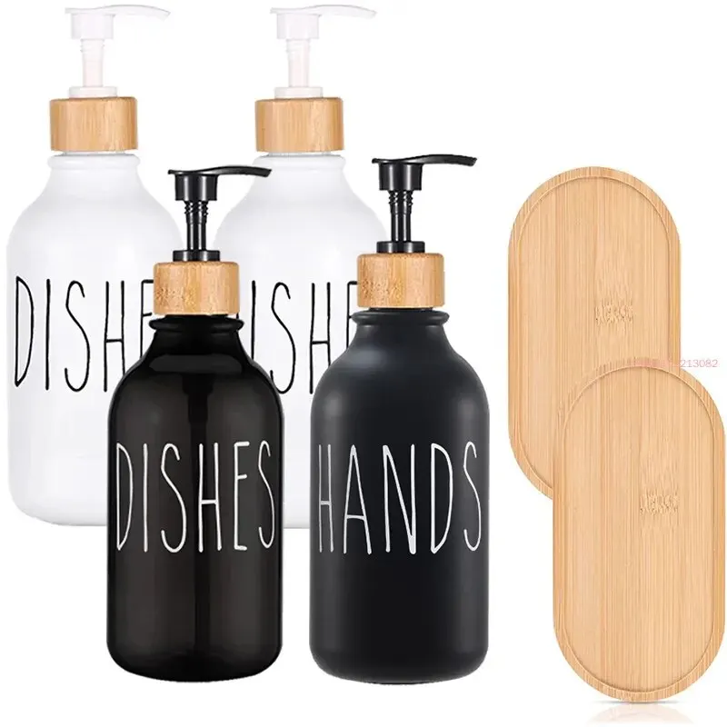 

Soap Dispenser Set Bottle Matte Black Kitchen Refillable Hand Dishes Press Bamboo Wood Pump Bathroom Storage 500ML