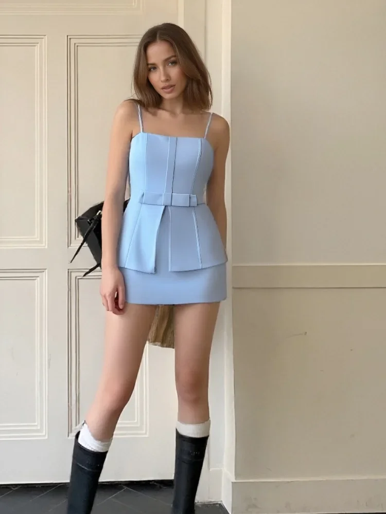 

Solid Bow Sling Slit Short Skirt Suit Women High Waist Loose Cropped Skirt Top 2 Piece Set Lady New Summer Office Commute Outfit