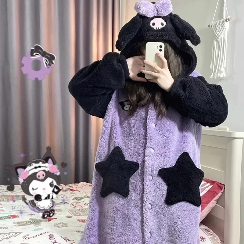 Kawaii Sanrio Kuromi Pajamas Robes Cute Cartoon Flannel Sleepwear Girls Thickened Warm Loungewear Women Autumn Winter Clothes