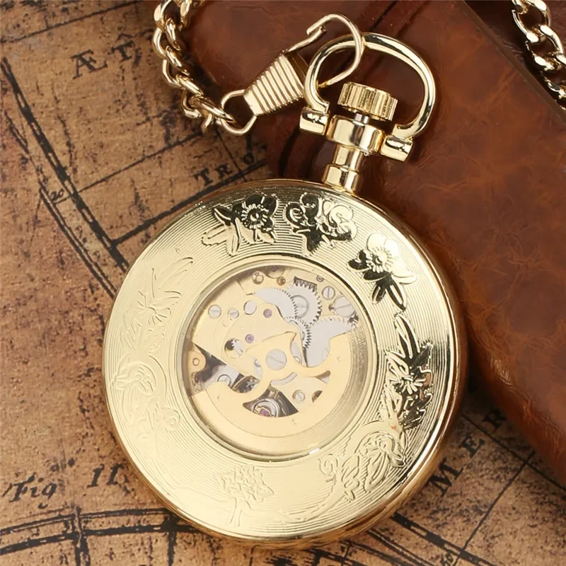 Luxury Yellow Golden Pocket Watch Roman Number Display Mechanical Automatic Clock for Men Fob Chain Watches Collectable Reloj