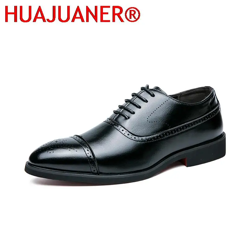 Genuine leather Oxfords Men Shoes Red Sole Fashion Business Casual Party Banquet Daily Retro Carved Lace-up Brogue Dress Shoes