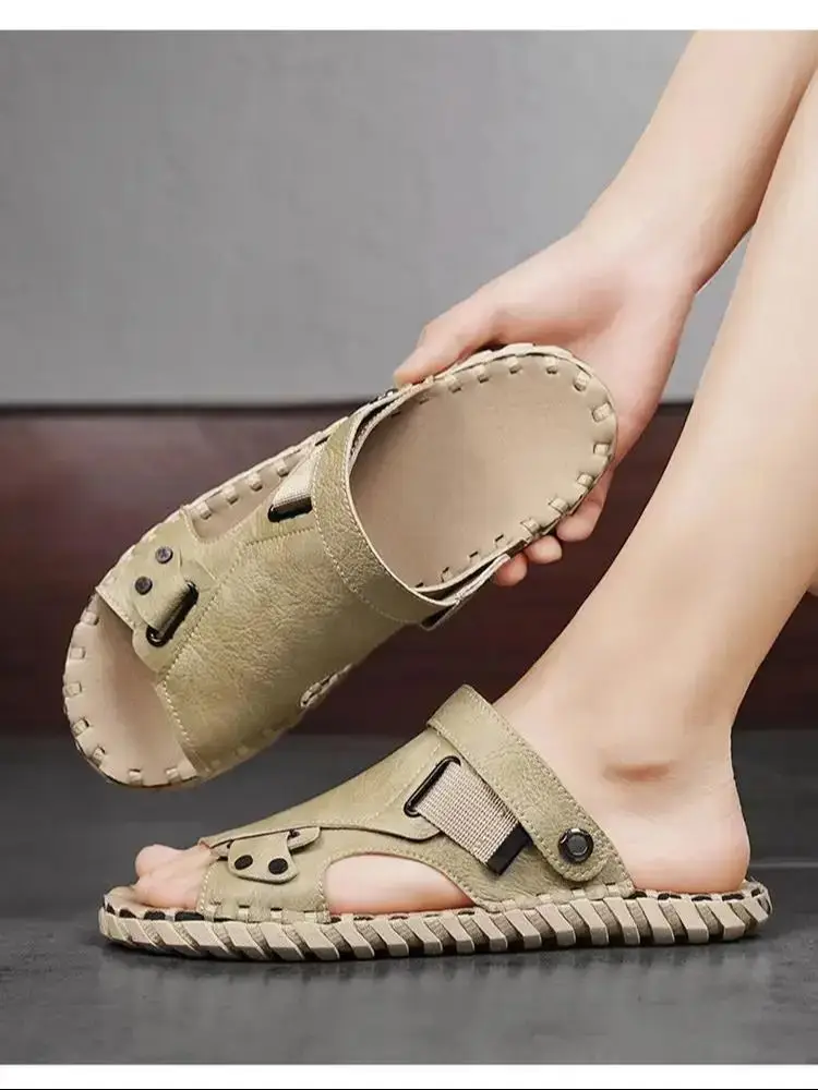 

2024 New Summer Man's Leather One Word Hollow Casual Sandal Soft Sole Non Slip Dual Purpose Outdoor Sandal Slippers