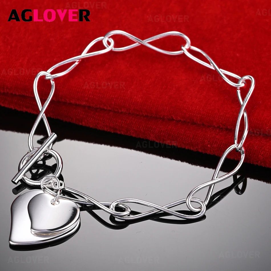 

AGLOVER 925 Sterling Silver 8-shaped Chain with Double Heart Bracelet Women's Charm Holiday Gift Party Jewelry