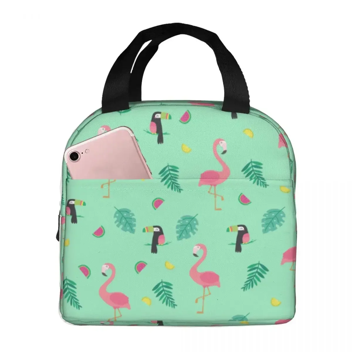 

Pink Flamingo Tropical Leaves Colorful Lunch Bag Portable Insulated Cooler Bags Thermal Picnic Work Lunch Box for Women Kids