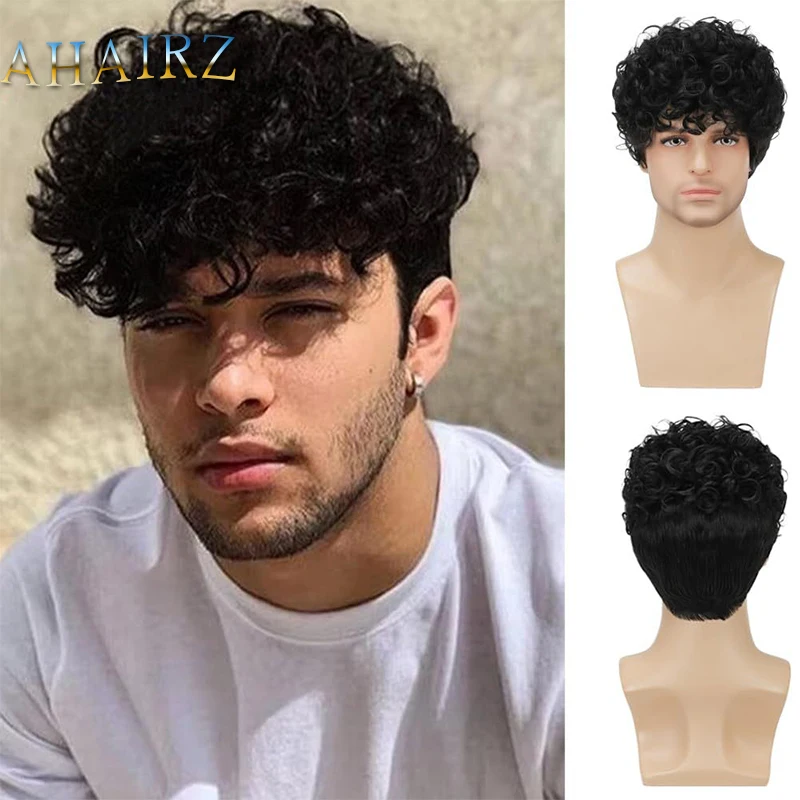 

Synthetic Short Black Curly Layered Wig with Bangs for Men Daily Cosplay Party Use Fake Hair Heat Resistant