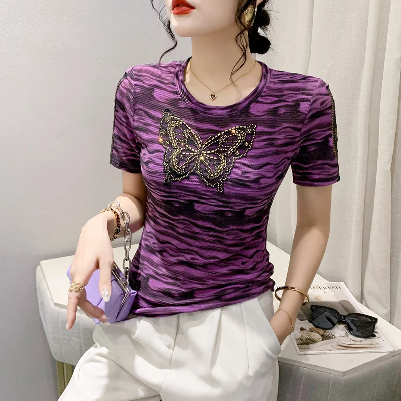 #5417 Summer Short Sleeve T Shirt Women Butterfly Diamonds Sexy Skinny Tshirt Spliced Mesh Short Sleeve Office T-Shirt Vintage