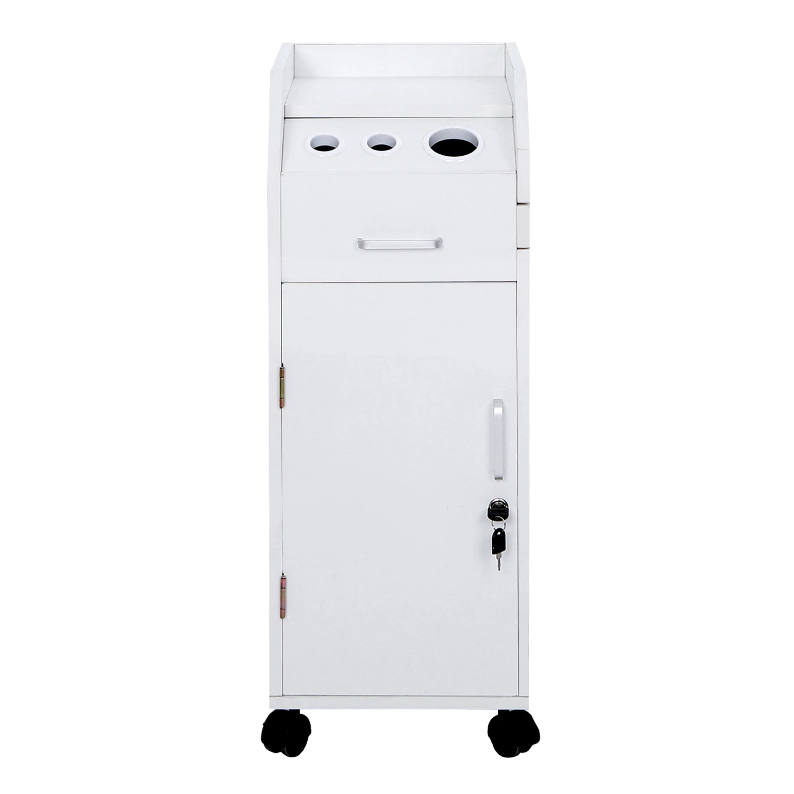 Hair Salon Storage Cart with Wheels & 3 Hair Dryer Holders & 4 Drawers & Lock & 2 Keys, White