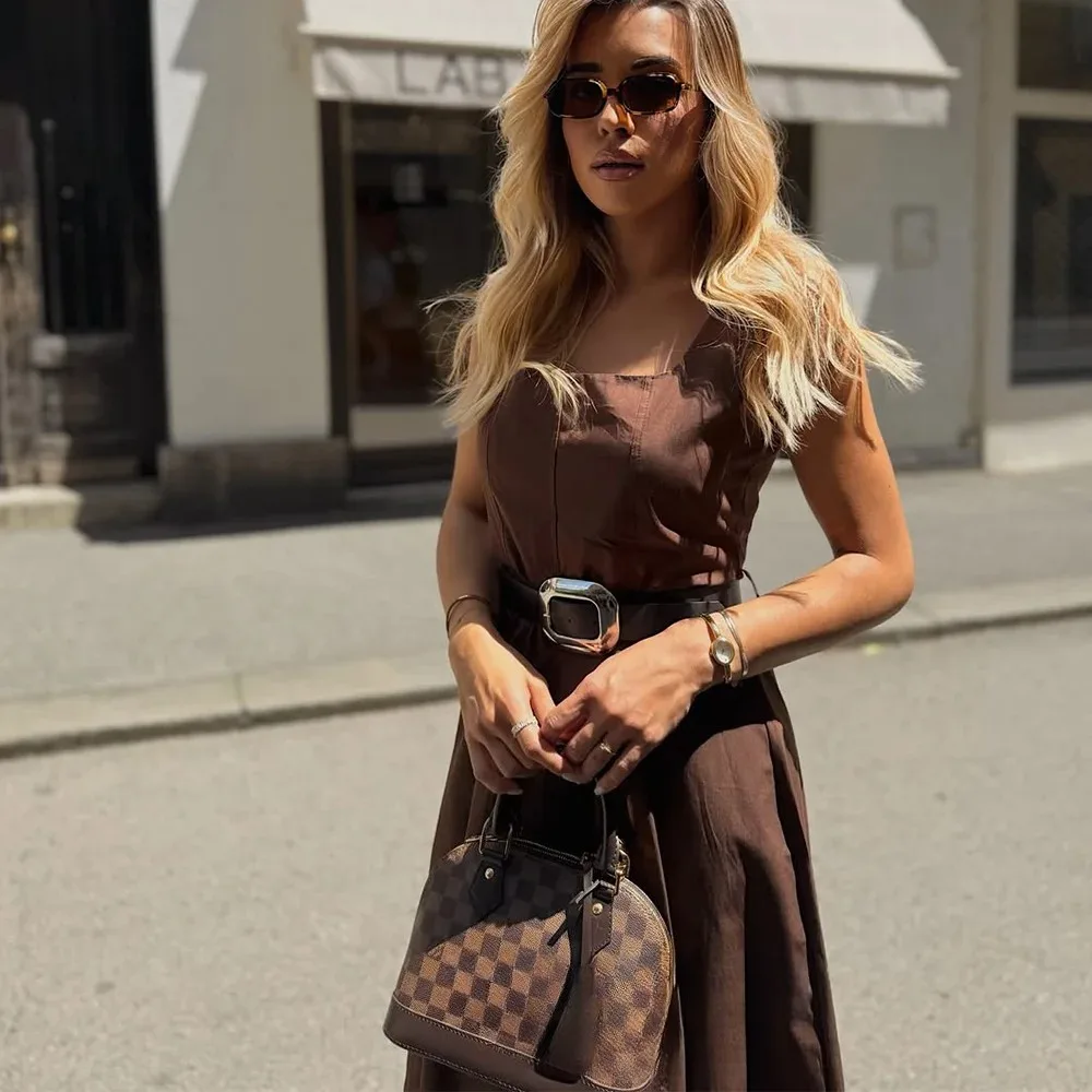 KONDALA Vintage Chic Brown Women Dress Cami Square Collar Belt Women Ruffles Long Dress Fashion 2025 Autumn Holiday Party Dress