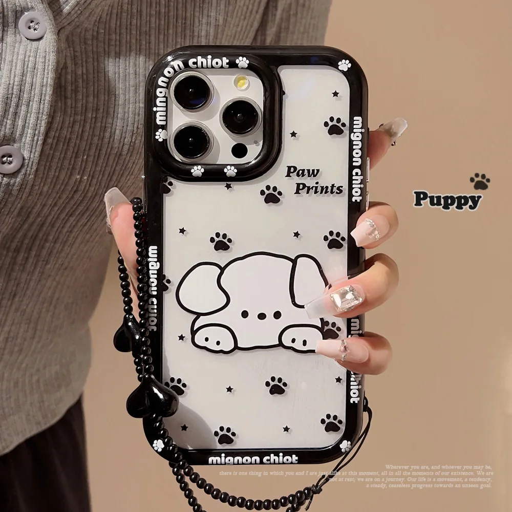 

Простой акриловый жесткий чехол для мобильного телефона с щенком и цепочкой для iPhone 15/16, чехол для телефона iPhone14/13