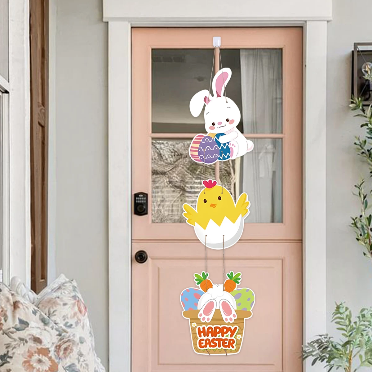 Happy Easter Cartoon Rabbit Chic Door Hanging Door Wall Windows Spring Bunny Egg Garland Home Garden Easter Party Decorations