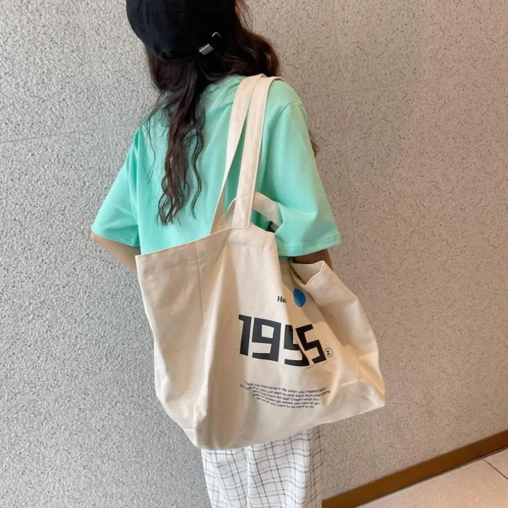 New Women Canvas Shoulder Bag Letter Printing Ladies Casual Handbag Tote Bag Large Capacity Cotton Reusable Shopping Beach Bag