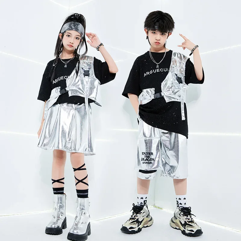 Kids Black T-shirt Hip Hop Silver Vest Street Dance Shorts Girls Sequin Skirt Teens Boys Jazz Clothes Sets Summer Stage Costumes