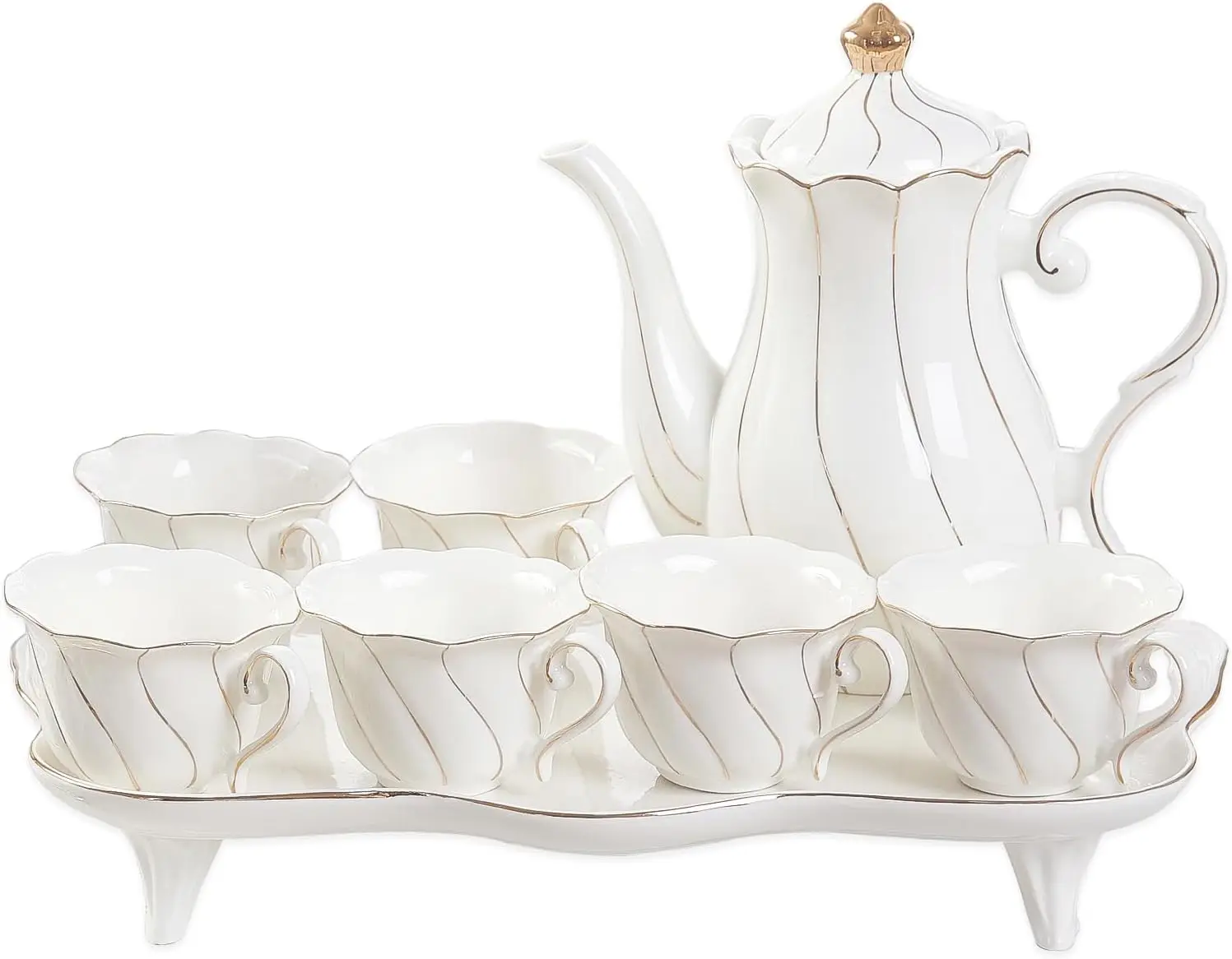 6 with Tea Tray & Spoons, Luxury British Style Tea/Coffee Cup Set with Golden Trim, Beautiful Porcelain Tea Set