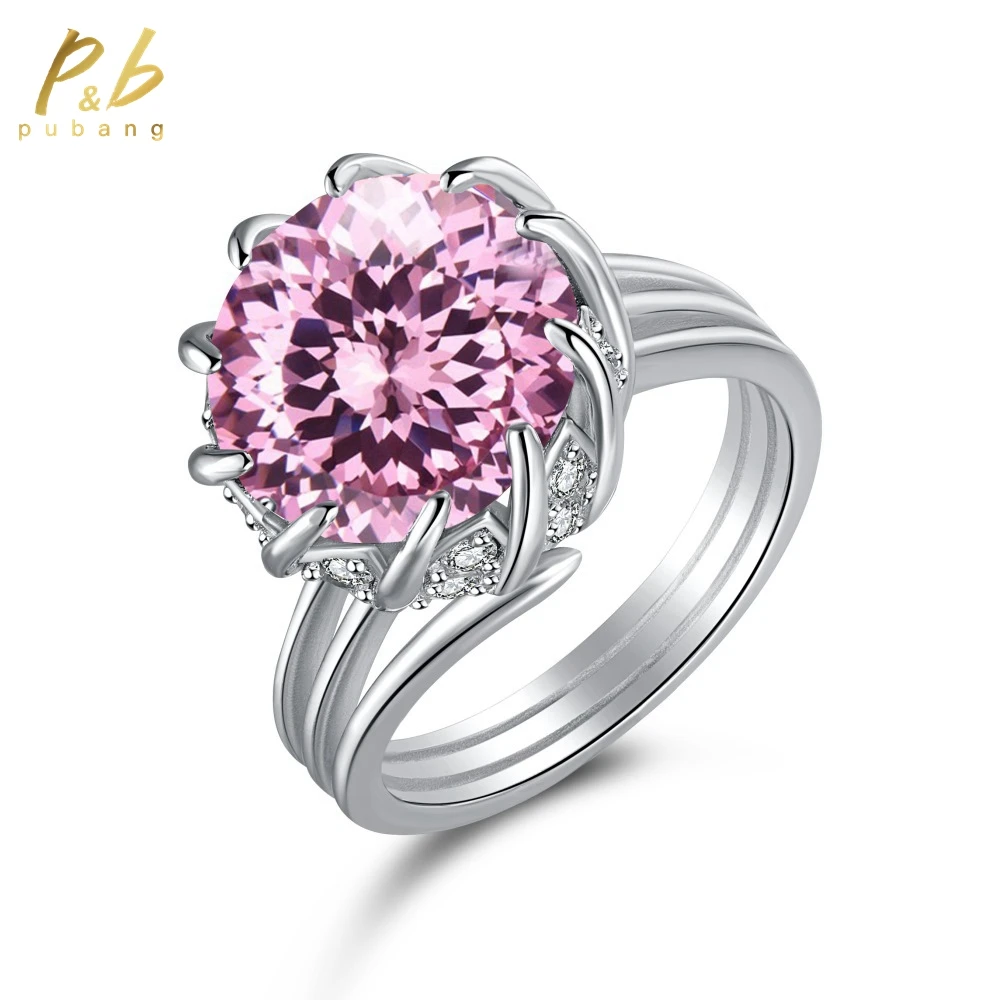 

PuBang Fine Jewelry Soild 925 Sterling Silver Pink Gemstone Created Moissanite Diamond Wedding Ring for Women Gift Free Shipping