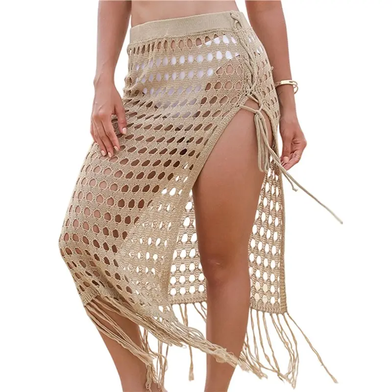 AS98 - Copricostume da donna estivo in maglia traforata all'uncinetto, gonna lunga con nappe