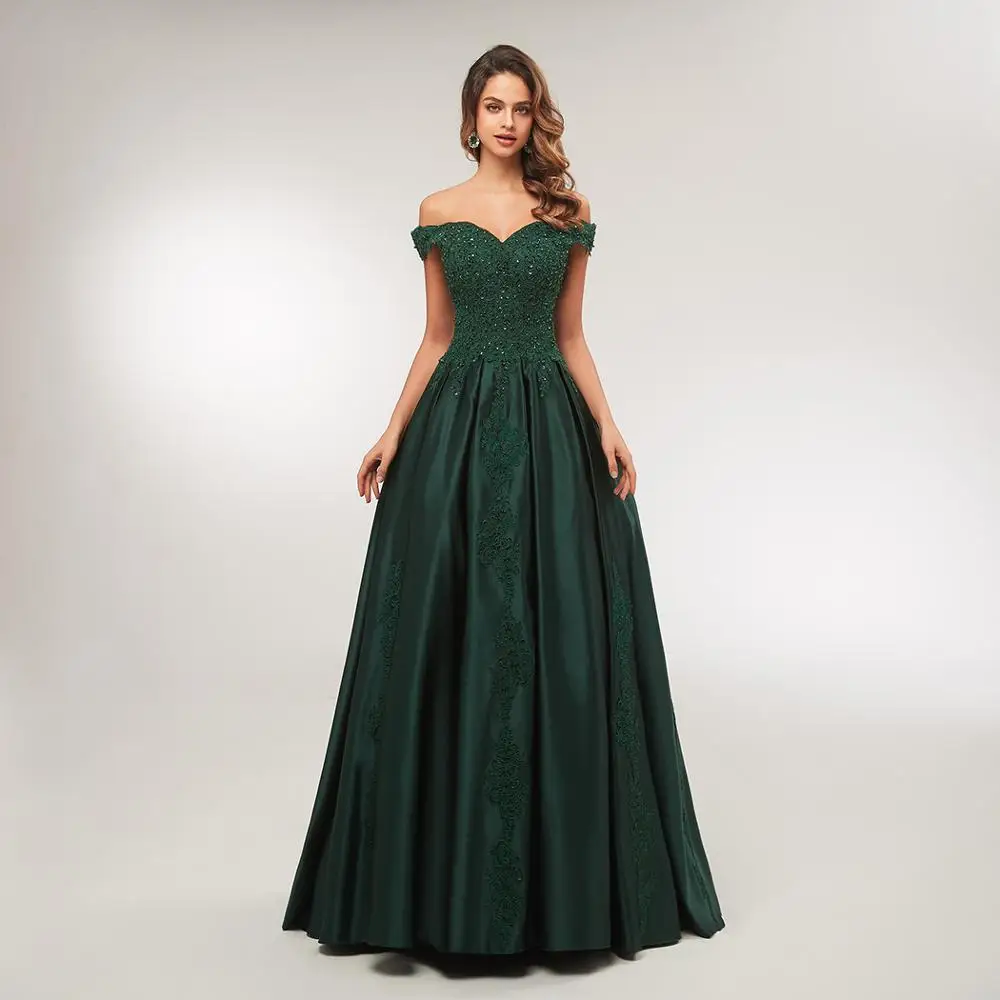 ชุดราตรีทรงเอไลน์หรูหราแบบเปิดไหล่ประดับลูกปัด ชุดงานเลี้ยงปักลายยาวสีเขียวเข้ม
