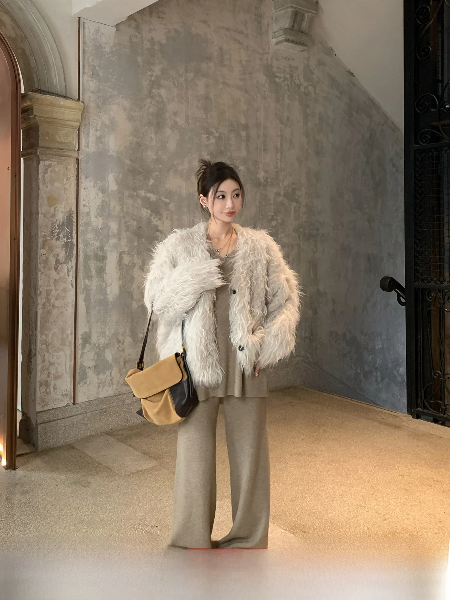 

Gv Big Brother Wool Knitted Sweater Cardigan Women's Autumn Winter Long Sve ort Coat Open Cardigan Furry Texture