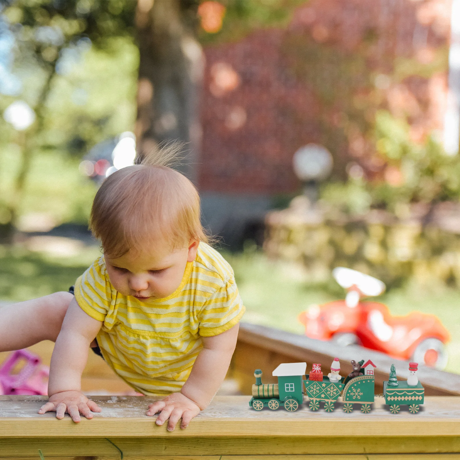 

Four Carriages Train Ornament Wooden Christmas Theme Desktop Decoration Cartoon Design for Table Cabinet Shelf Holiday Xmas