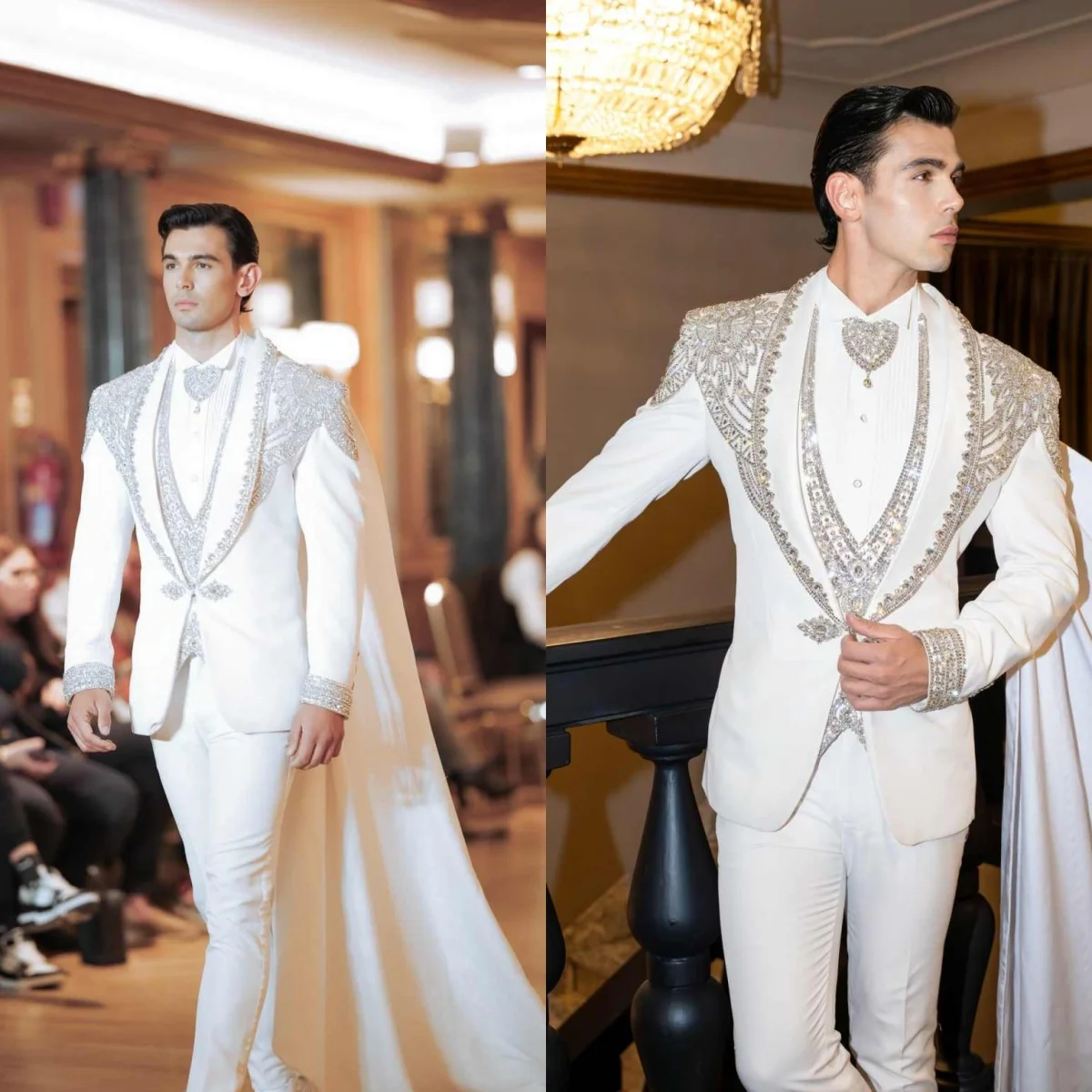 Luxury Man Wedding Tuxedos With Cape Shawl Lapel Crystal Beads Groom Jacket Coat Customized 2 Pieces Formal Prom Costume