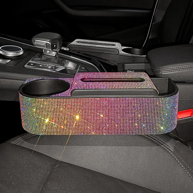 Multifunction Crystal Car Tissue Box 3 In 1 Towel Box Drink Card Holder Car Seat Gap Storage Box Rhinestone Car Accessories