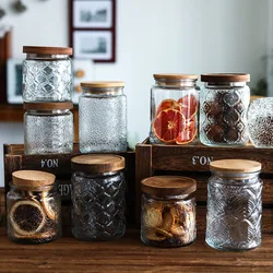 Vintage Relief Engraving Glass Sealing Jars Wooden Lid Sealing Candy Box Storage Bottle Seasoning Food Jar Glass Container Gifts