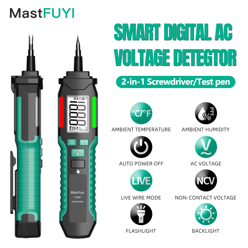 

MASTFUYI 18DF AC Voltage Tester Pen 12-300V NCV Temp Humidity LED Flashlight Alarm Digital Pocket Electrical Tester
