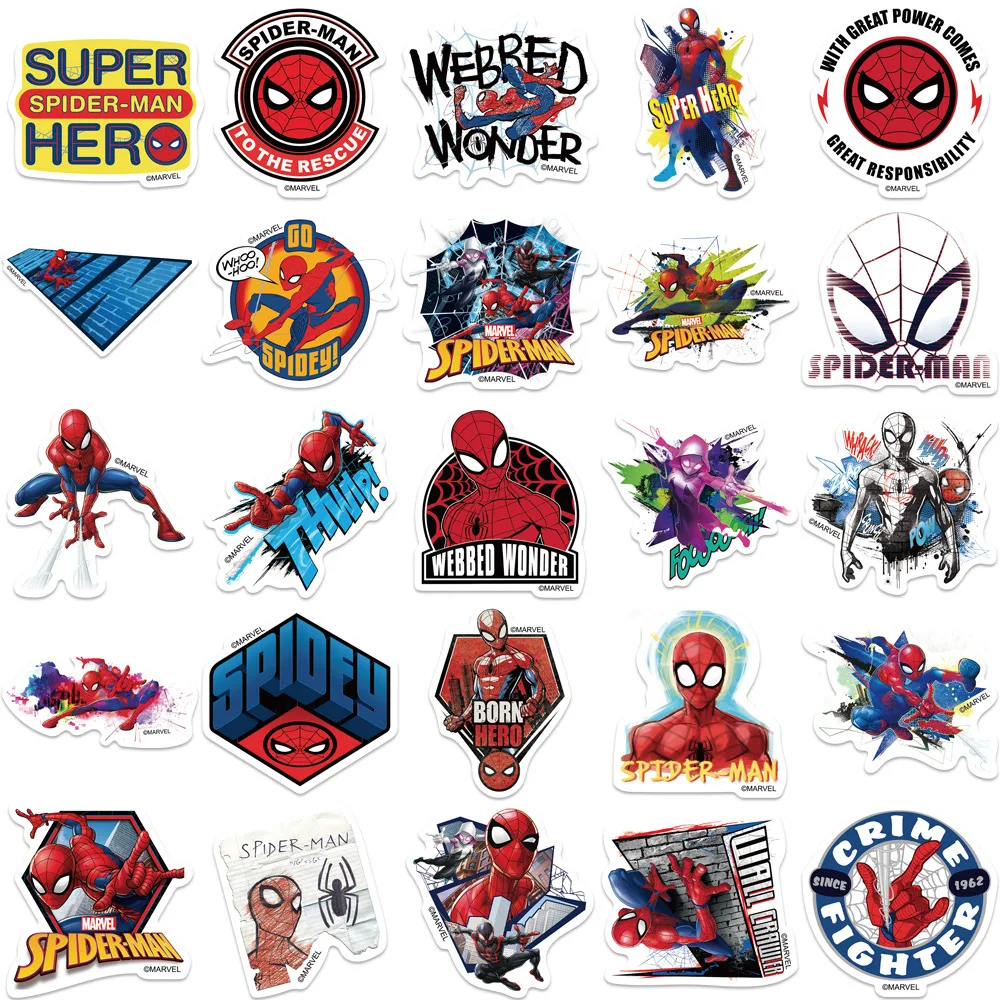 50PCS Disney Spiderman Stickers Anime Movie Decal Book Skateboard Laptop Motorcycle Waterproof Cartoon Sticker Kids Toy Gift